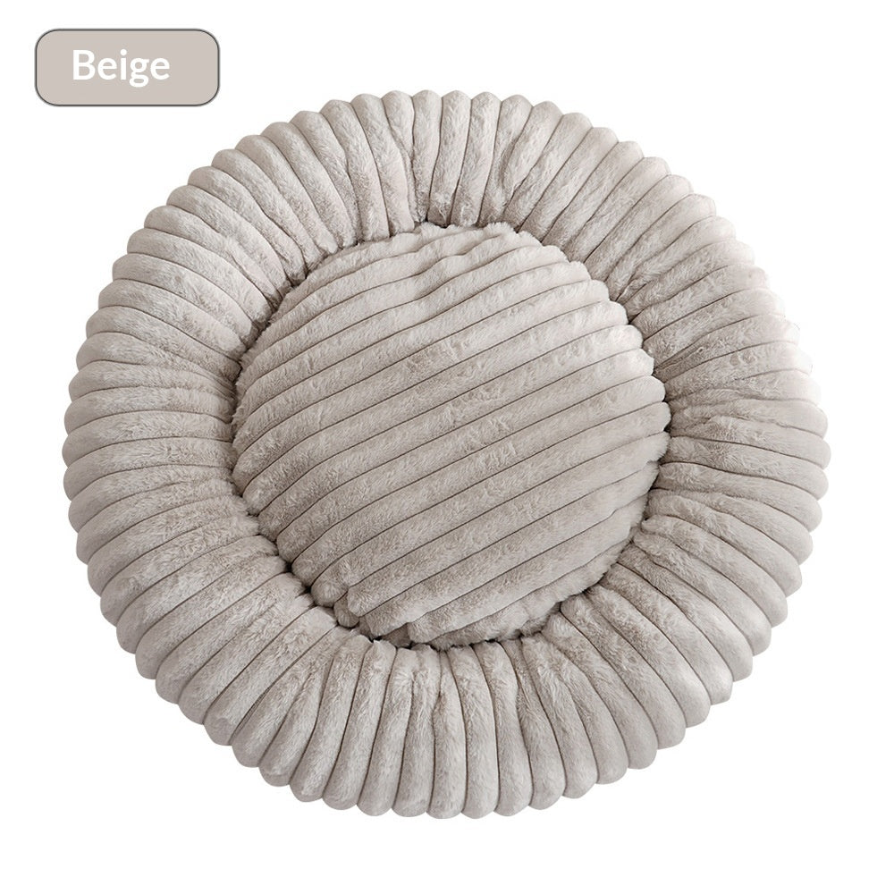HKM-3295165 Soft Striped Plush Round Pet Bed for Cats and Small Dogs