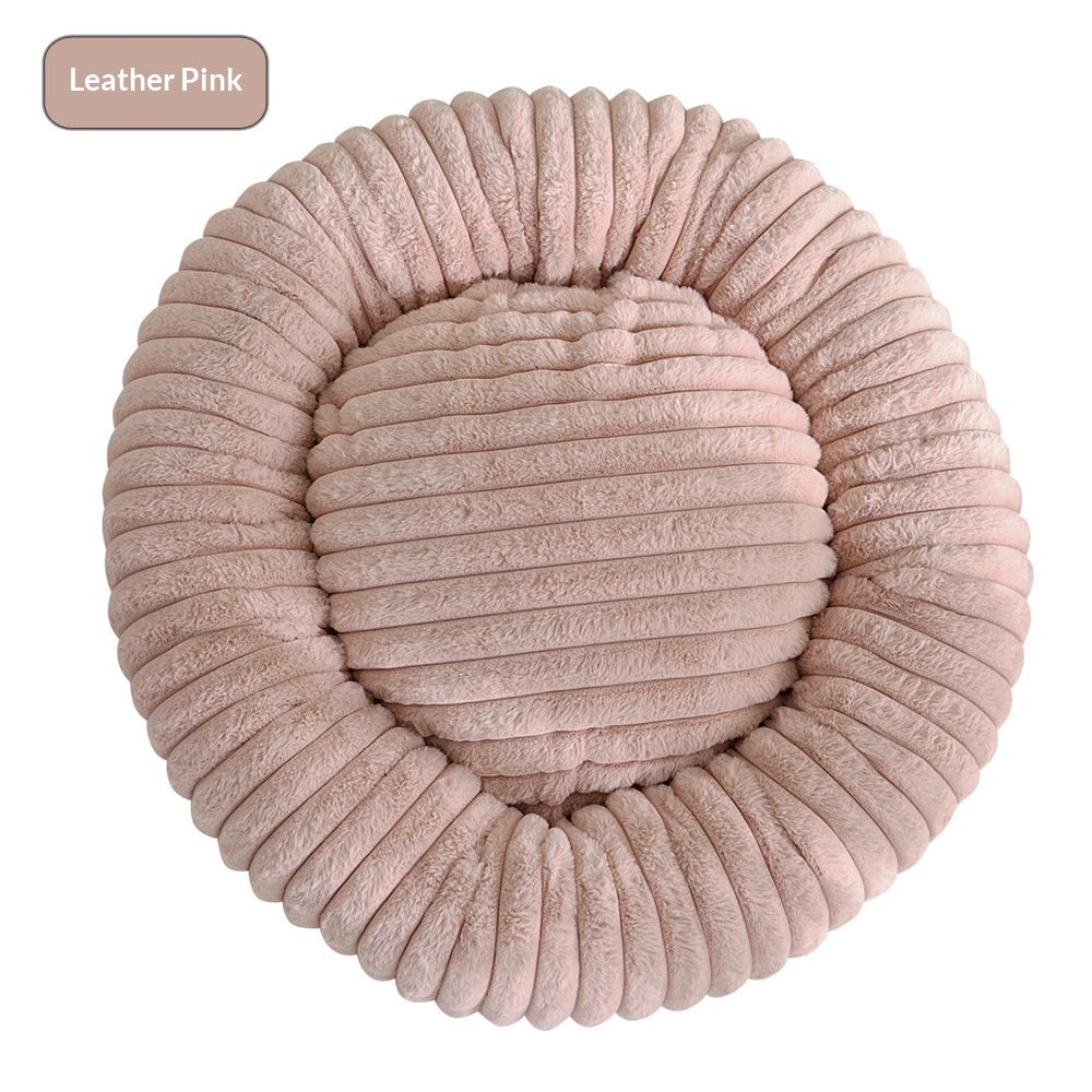 HKM-3295165 Soft Striped Plush Round Pet Bed for Cats and Small Dogs