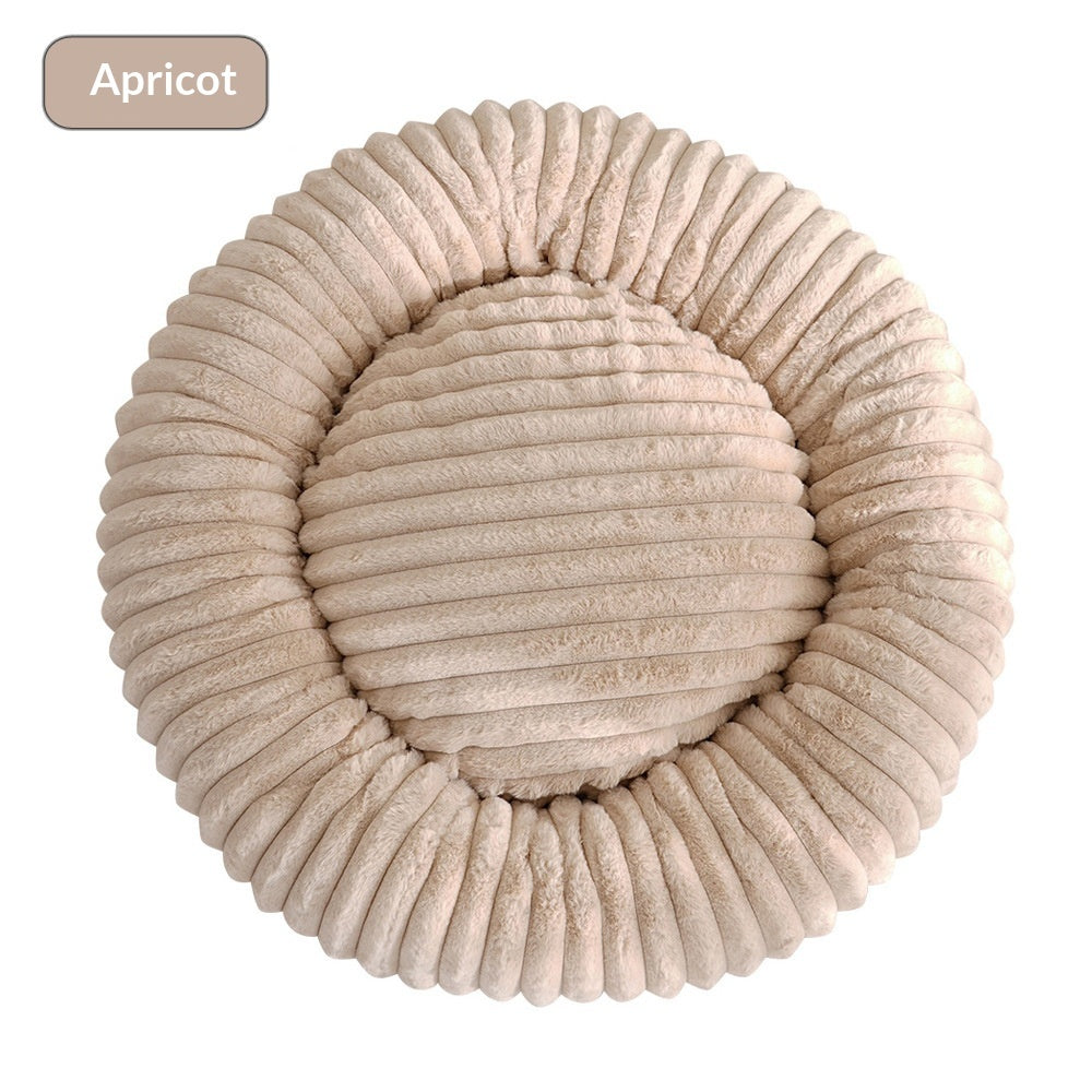 HKM-3295165 Soft Striped Plush Round Pet Bed for Cats and Small Dogs