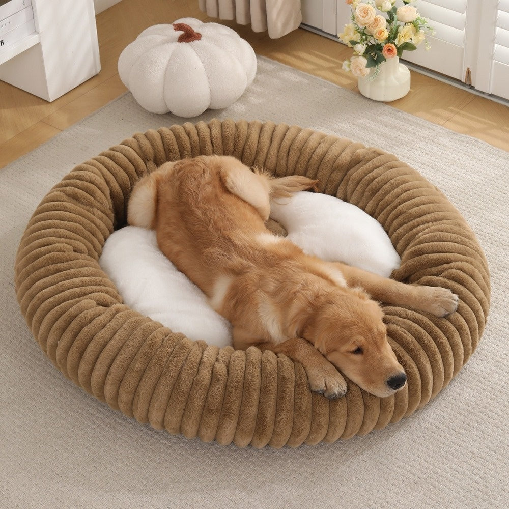 HKM-3295165 Soft Striped Plush Round Pet Bed for Cats and Small Dogs