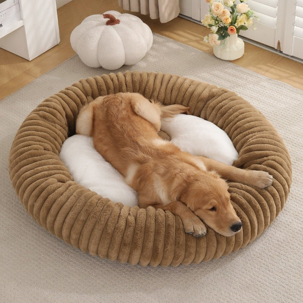 HKM-3295165 Soft Striped Plush Round Pet Bed for Cats and Small Dogs
