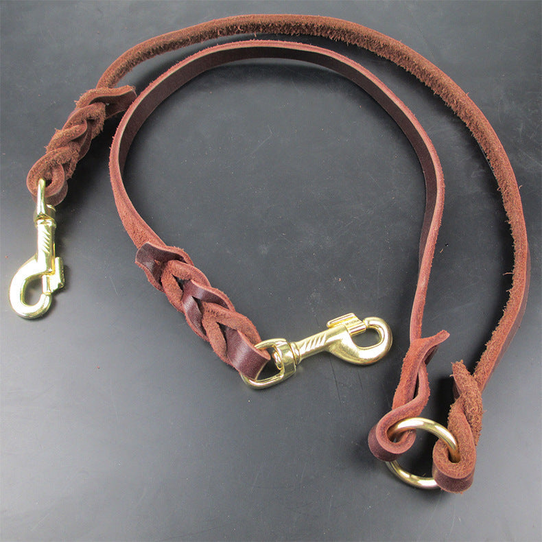 HKM-3298877 Cowhide Leather Double Hook Traction Rope for Two Dogs - 70CM Length, Soft and Durable Design