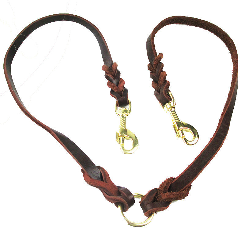 HKM-3298877 Cowhide Leather Double Hook Traction Rope for Two Dogs - 70CM Length, Soft and Durable Design