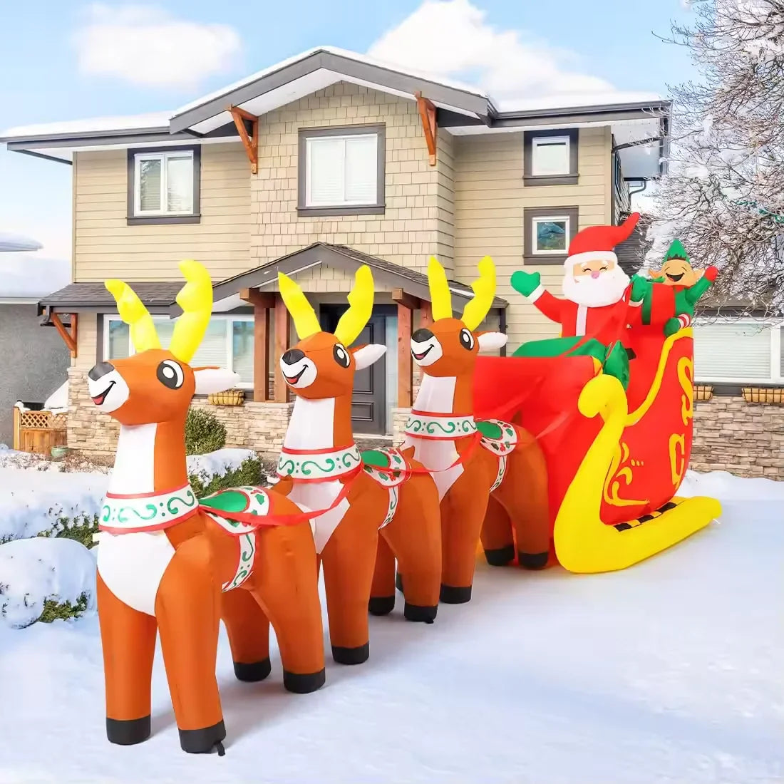 HKM-330387 12 FT Inflatable Santa Sleigh with Reindeer - Outdoor Christmas Decoration with LED Lights