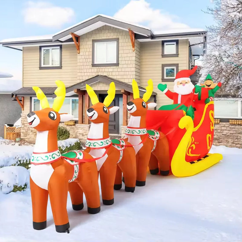 HKM-330387 12 FT Inflatable Santa Sleigh with Reindeer - Outdoor Christmas Decoration with LED Lights