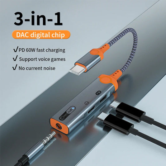 HKM-330835 3-in-1 Type-C to 3.5mm Audio Adapter with PD 60W Charging for Compatible Devices