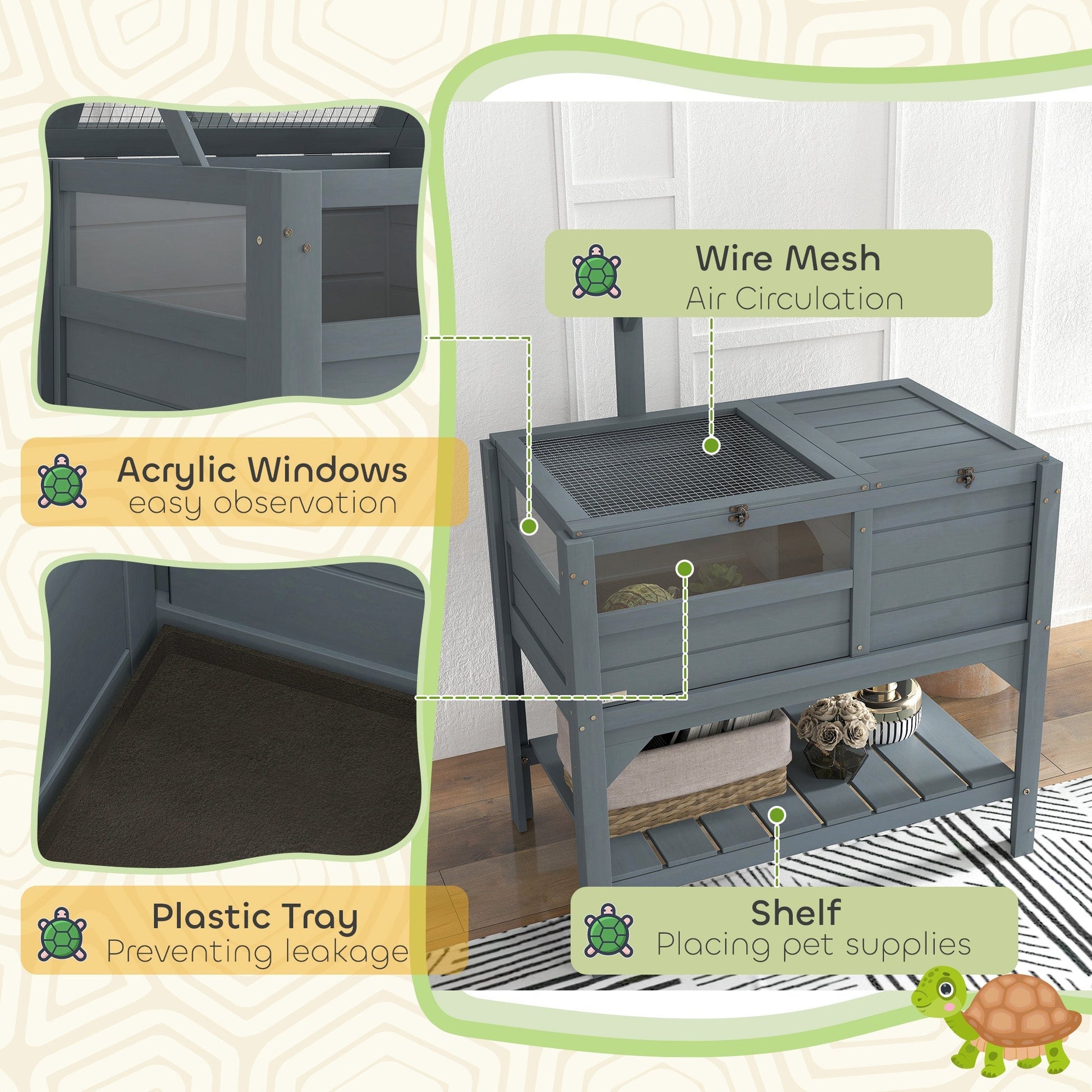 HKM-3308477 Gray Tortoise Habitat with Storage Shelf and Weather Protection for Indoor Use