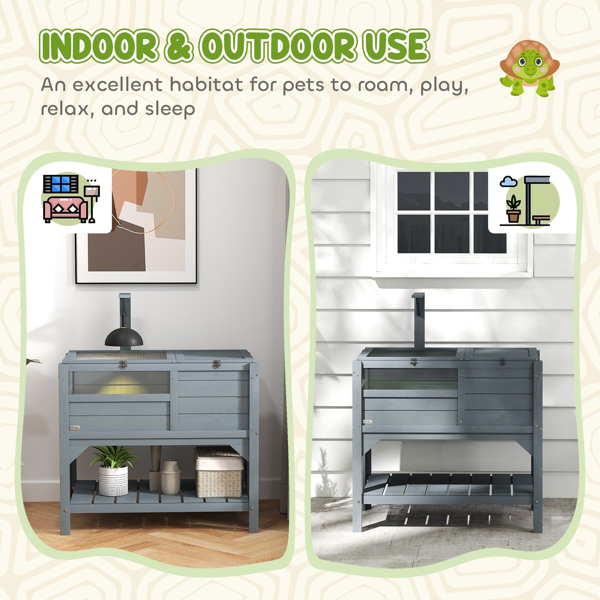 HKM-3308477 Gray Tortoise Habitat with Storage Shelf and Weather Protection for Indoor Use
