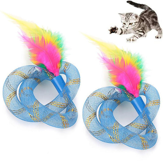 HKM-330963 Cat Toy Thread Tube with Feather - Flexible Hose, Set of 2, Pink & Blue, 19cm Long