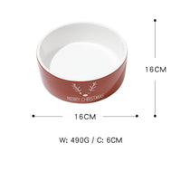 HKM-3316541 Cat Ear Shaped Ceramic Bowl in Christmas Fawn Maroon and Blue, Snowman and Christmas Tree Designs