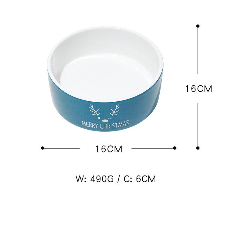 HKM-3316541 Cat Ear Shaped Ceramic Bowl in Christmas Fawn Maroon and Blue, Snowman and Christmas Tree Designs