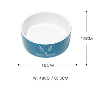HKM-3316541 Cat Ear Shaped Ceramic Bowl in Christmas Fawn Maroon and Blue, Snowman and Christmas Tree Designs