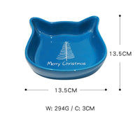 HKM-3316541 Cat Ear Shaped Ceramic Bowl in Christmas Fawn Maroon and Blue, Snowman and Christmas Tree Designs