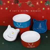 HKM-3316541 Cat Ear Shaped Ceramic Bowl in Christmas Fawn Maroon and Blue, Snowman and Christmas Tree Designs