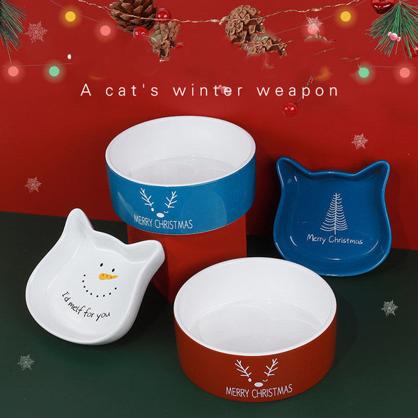 HKM-3316541 Cat Ear Shaped Ceramic Bowl in Christmas Fawn Maroon and Blue, Snowman and Christmas Tree Designs