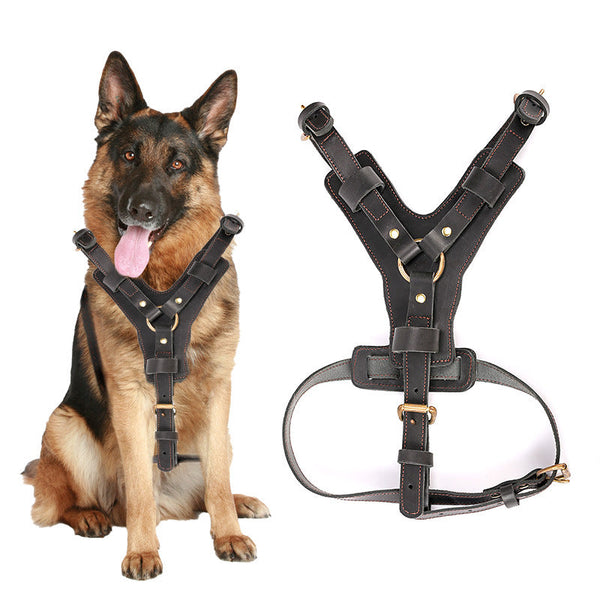 HKM-3319613 Cowhide Leather Dog Chest Harness with Automatic Traction Rope - Sizes for East German Doberman and Casro Dogo