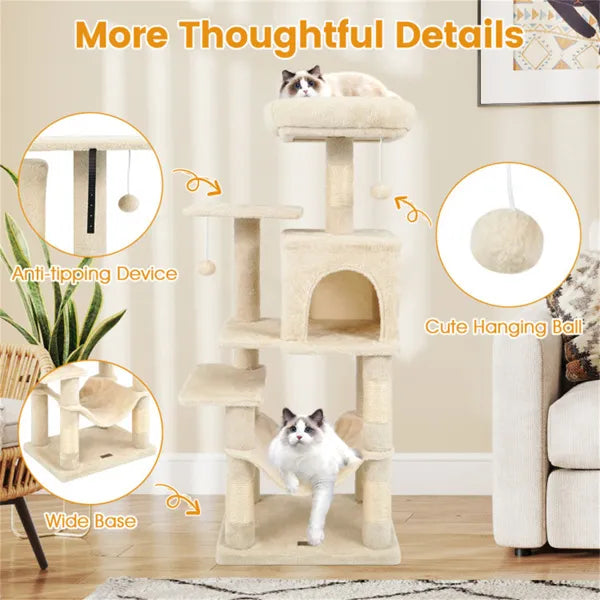 HKM-3319997 Multi-Level Cat Tree with Spacious Perch, Condo, and Hammock for Indoor Cats - Beige