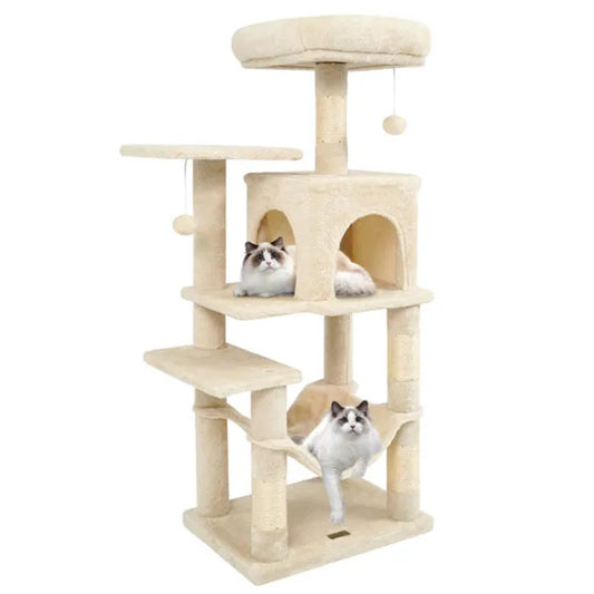 HKM-3319997 Multi-Level Cat Tree with Spacious Perch, Condo, and Hammock for Indoor Cats - Beige