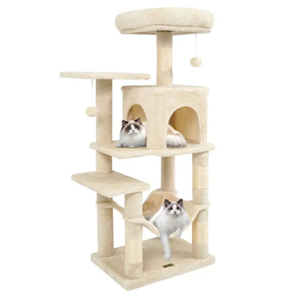 HKM-3319997 Multi-Level Cat Tree with Spacious Perch, Condo, and Hammock for Indoor Cats - Beige