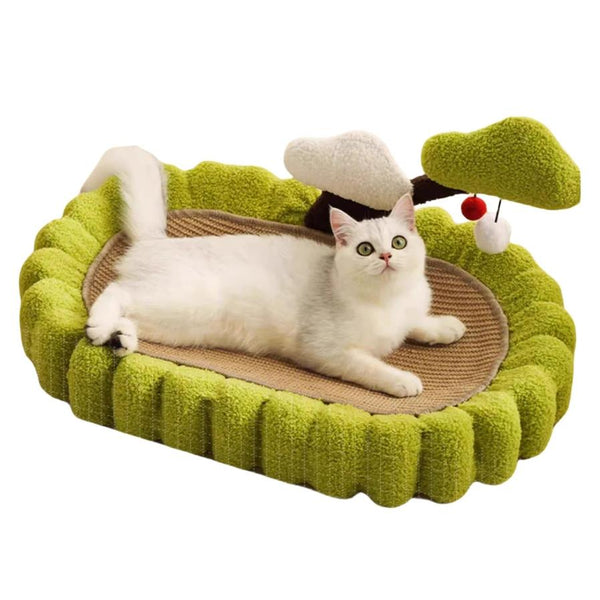 HKM-332243 Large Space Cat Scratching Post and Lounge, Hand Woven Sisal with Teddy Velvet, Green 25.6 Inch Tree Design, Non-Slip Base for Indoor Use