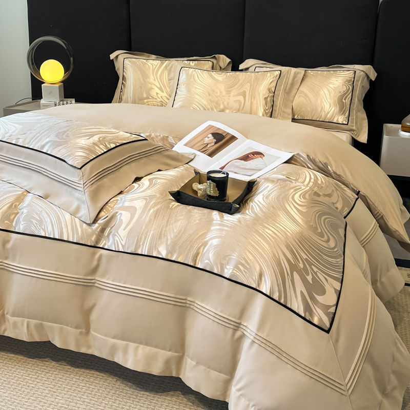 HKM-332883 Jacquard Four-Piece Cotton Bedding Set with Stripe and Geometric Patterns