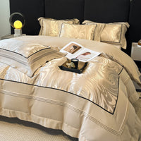 HKM-332883 Jacquard Four-Piece Cotton Bedding Set with Stripe and Geometric Patterns