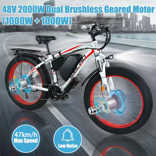 HKM-333011 Dual Motor 2000W Electric Bike 48V 22.4Ah Long Range 26'' Fat Tire Bicycle with Hydraulic Brakes