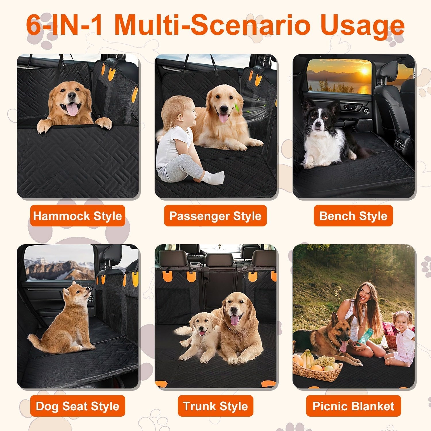 HKM-3330877 Waterproof Dog Car Seat Cover with Hammock Design, Non-Slip Oxford Fabric, Storage Bag & Mesh Window for SUVs and Trucks