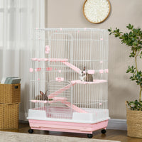 HKM-3335485 32"L 4-Level Small Animal Cage with Wheels and Slide-out Tray for Rabbits, Chinchillas, and Ferrets - Pink