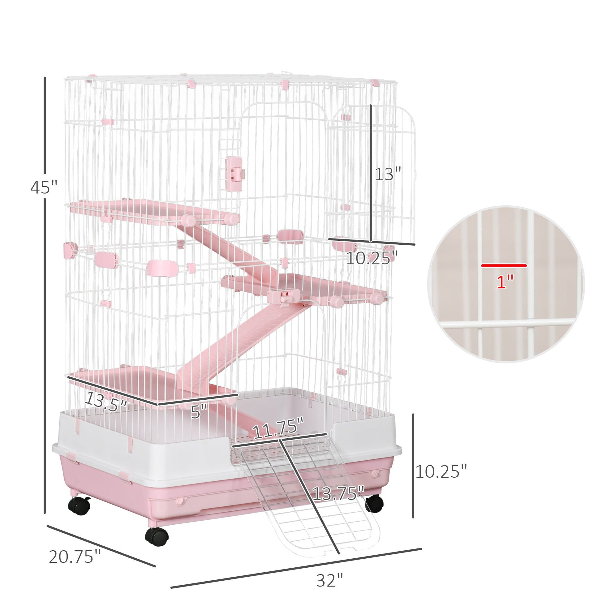 HKM-3335485 32"L 4-Level Small Animal Cage with Wheels and Slide-out Tray for Rabbits, Chinchillas, and Ferrets - Pink