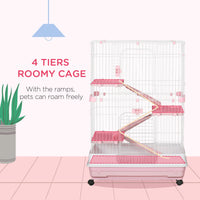 HKM-3335485 32"L 4-Level Small Animal Cage with Wheels and Slide-out Tray for Rabbits, Chinchillas, and Ferrets - Pink