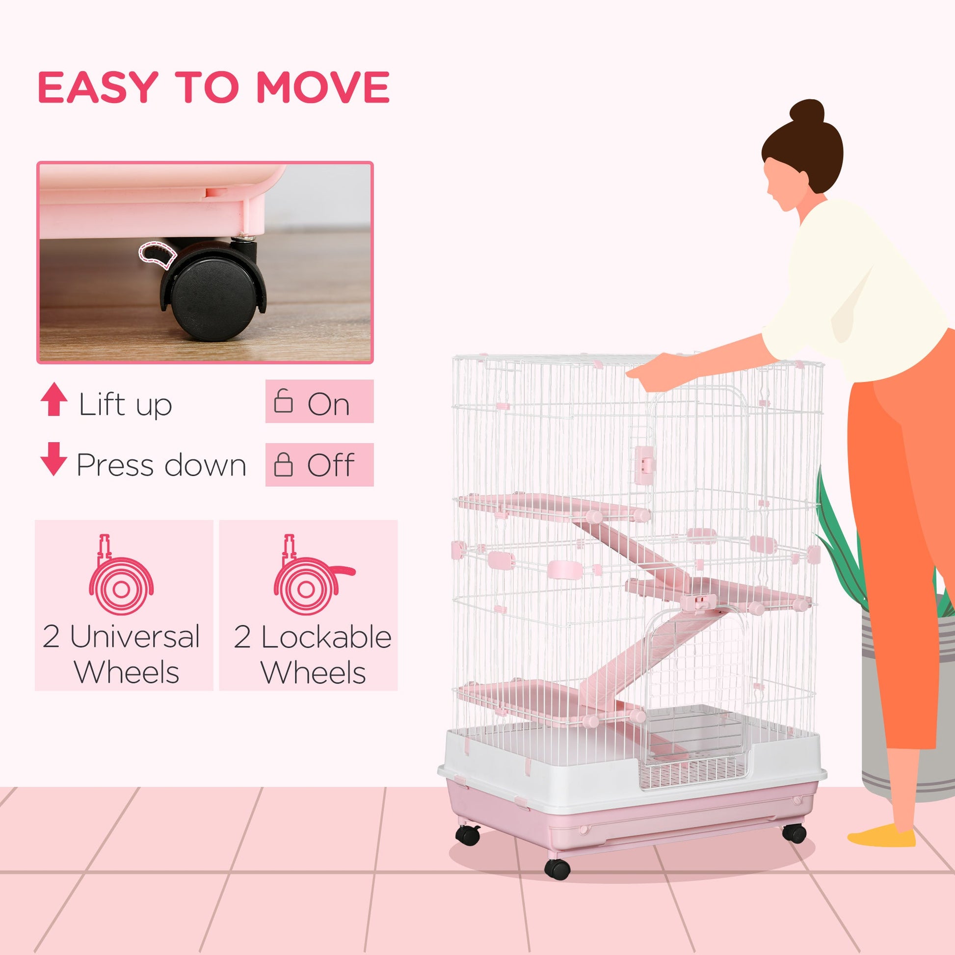 HKM-3335485 32"L 4-Level Small Animal Cage with Wheels and Slide-out Tray for Rabbits, Chinchillas, and Ferrets - Pink
