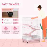 HKM-3335485 32"L 4-Level Small Animal Cage with Wheels and Slide-out Tray for Rabbits, Chinchillas, and Ferrets - Pink