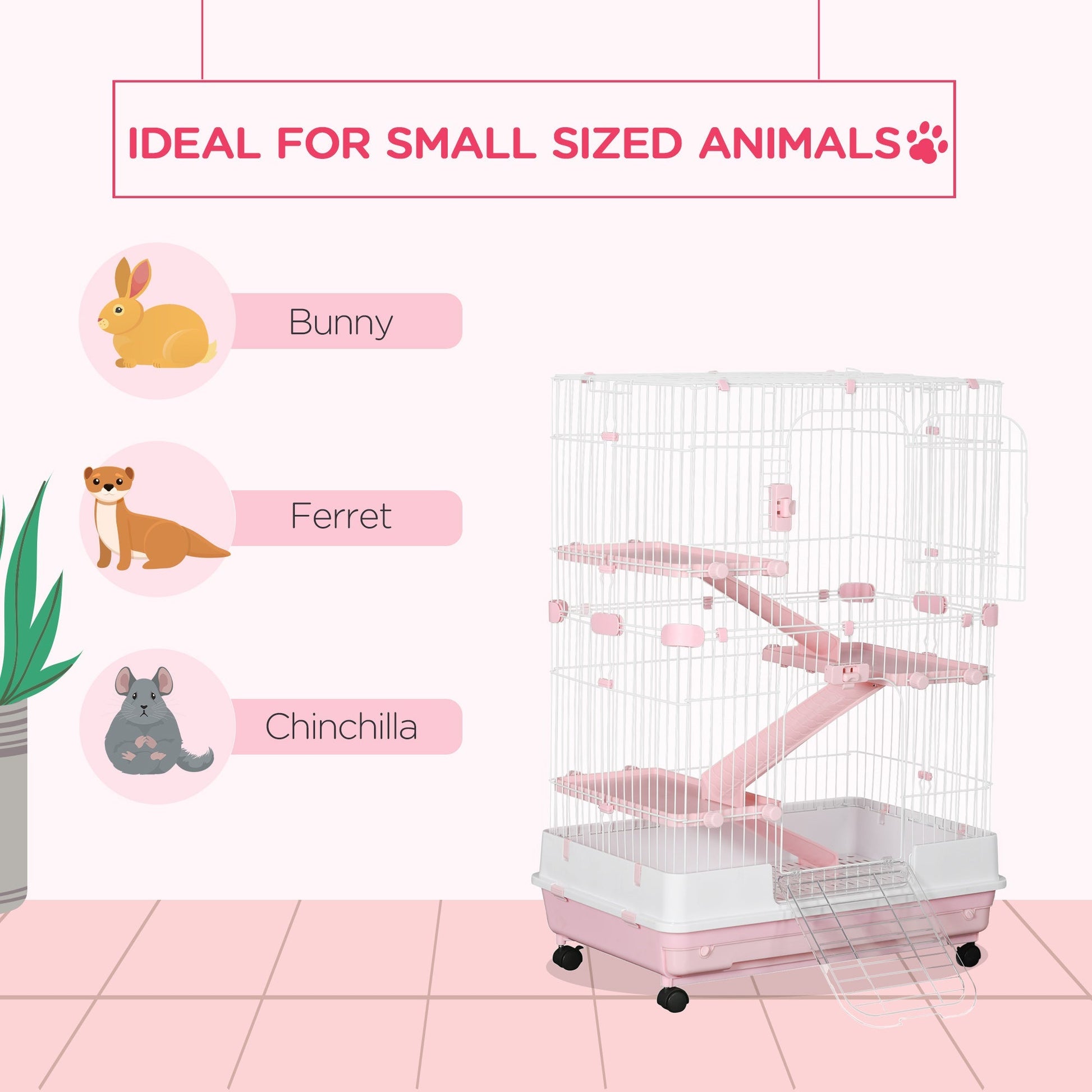 HKM-3335485 32"L 4-Level Small Animal Cage with Wheels and Slide-out Tray for Rabbits, Chinchillas, and Ferrets - Pink