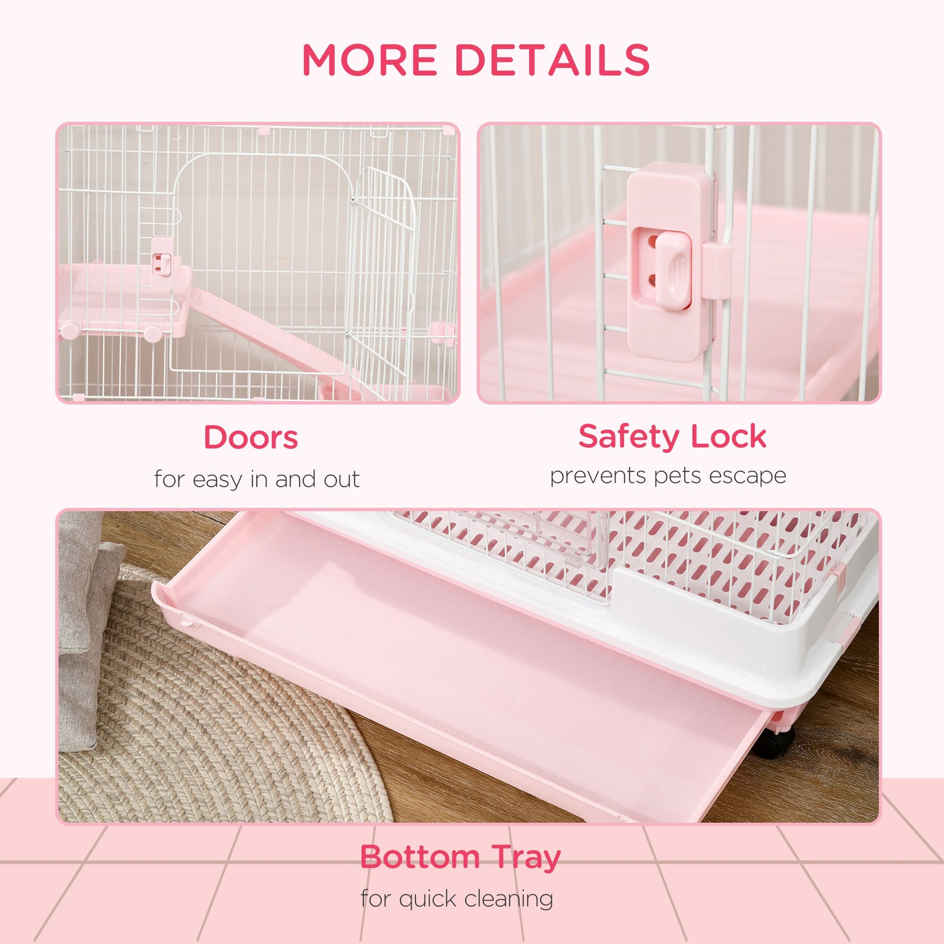 HKM-3335485 32"L 4-Level Small Animal Cage with Wheels and Slide-out Tray for Rabbits, Chinchillas, and Ferrets - Pink