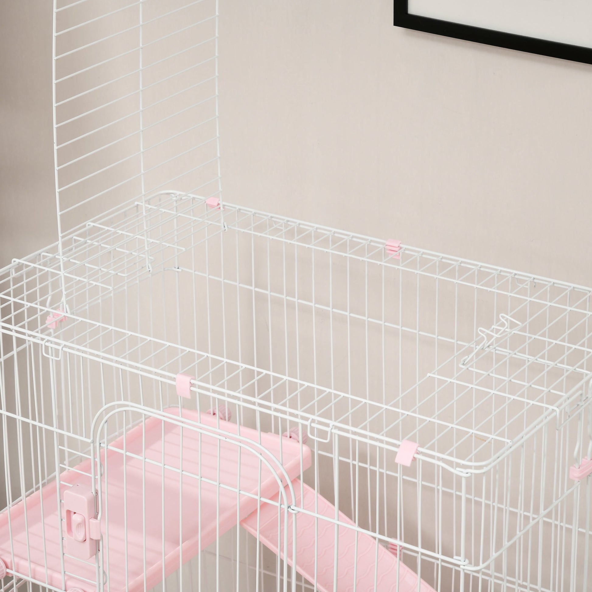 HKM-3335485 32"L 4-Level Small Animal Cage with Wheels and Slide-out Tray for Rabbits, Chinchillas, and Ferrets - Pink