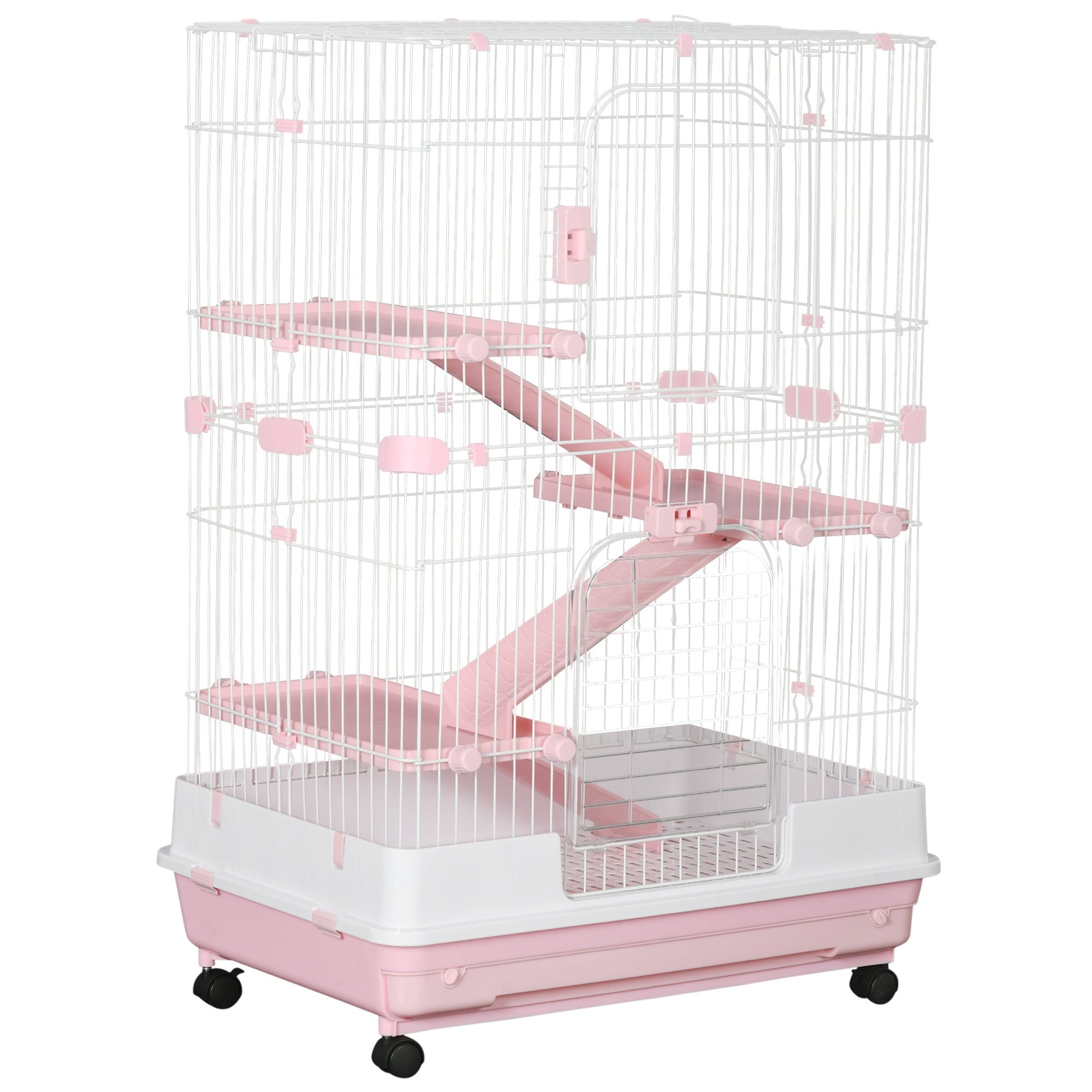 HKM-3335485 32"L 4-Level Small Animal Cage with Wheels and Slide-out Tray for Rabbits, Chinchillas, and Ferrets - Pink