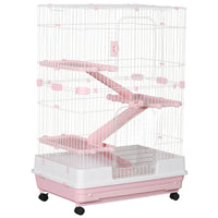 HKM-3335485 32"L 4-Level Small Animal Cage with Wheels and Slide-out Tray for Rabbits, Chinchillas, and Ferrets - Pink