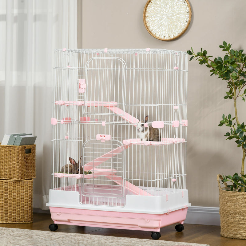 HKM-3335485 32"L 4-Level Small Animal Cage with Wheels and Slide-out Tray for Rabbits, Chinchillas, and Ferrets - Pink