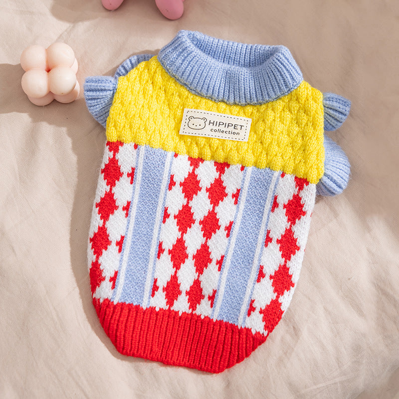 HKM-3336381 Cozy Color-Block Knitted Sweater for Cats and Small Dogs - Soft, Warm Autumn & Winter Wear