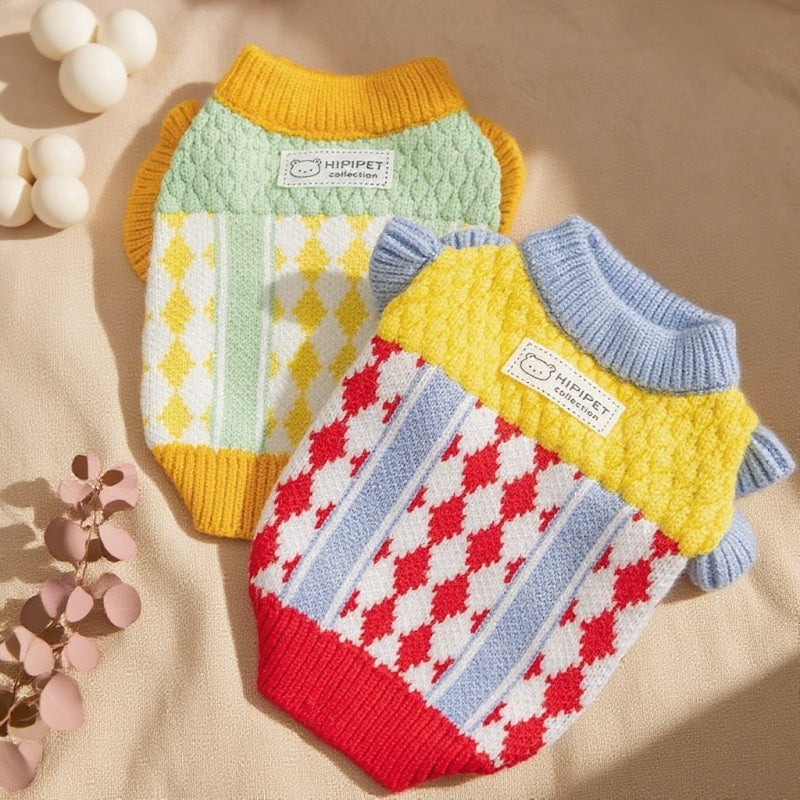 HKM-3336381 Cozy Color-Block Knitted Sweater for Cats and Small Dogs - Soft, Warm Autumn & Winter Wear