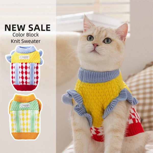 HKM-3336381 Cozy Color-Block Knitted Sweater for Cats and Small Dogs - Soft, Warm Autumn & Winter Wear