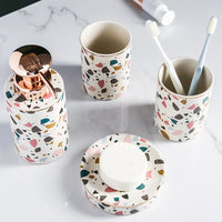 HKM-333651 Luxury Ceramic Bathroom Accessories Set - 4-Piece Soap Dispenser and Mouthwash Cup Collection