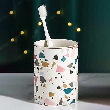 HKM-333651 Luxury Ceramic Bathroom Accessories Set - 4-Piece Soap Dispenser and Mouthwash Cup Collection