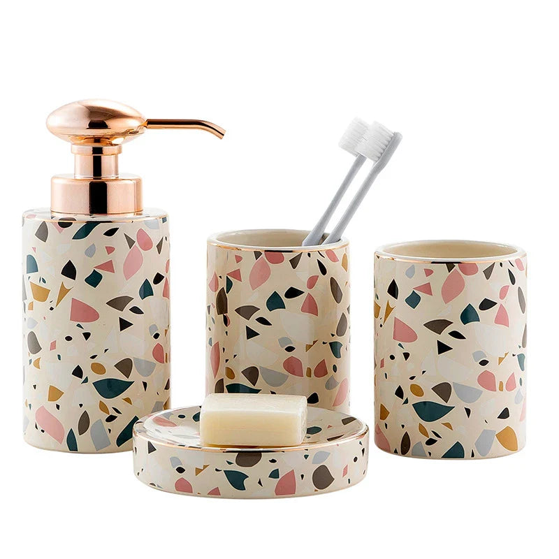 HKM-333651 Luxury Ceramic Bathroom Accessories Set - 4-Piece Soap Dispenser and Mouthwash Cup Collection