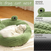 HKM-3339069 Frog-Shaped Plush Cat Bed Nest for Small Pets - Comfortable Indoor Kennel for Cats, Kittens, and Dogs
