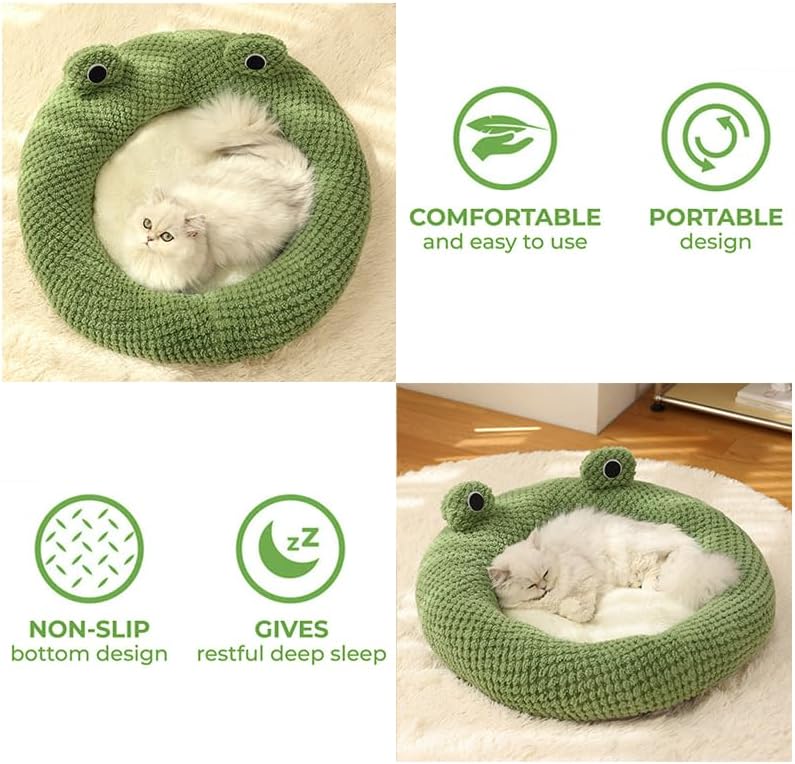 HKM-3339069 Frog-Shaped Plush Cat Bed Nest for Small Pets - Comfortable Indoor Kennel for Cats, Kittens, and Dogs