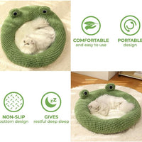 HKM-3339069 Frog-Shaped Plush Cat Bed Nest for Small Pets - Comfortable Indoor Kennel for Cats, Kittens, and Dogs
