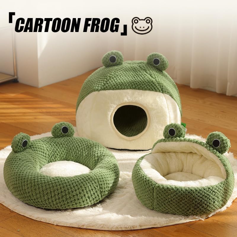 HKM-3339069 Frog-Shaped Plush Cat Bed Nest for Small Pets - Comfortable Indoor Kennel for Cats, Kittens, and Dogs