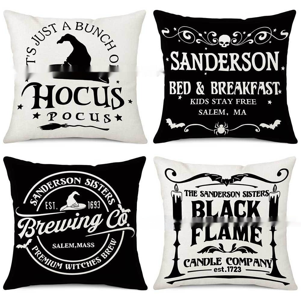 HKM-333907 Halloween Decorative Pillow Cover with Witch Broom and Festive Patterns, 45x45cm Nordic Style